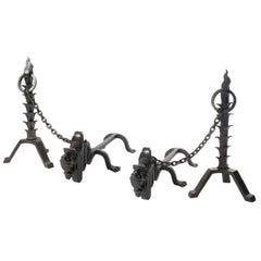 Wrought Iron Spiked Posts and Chained Dog Andirons