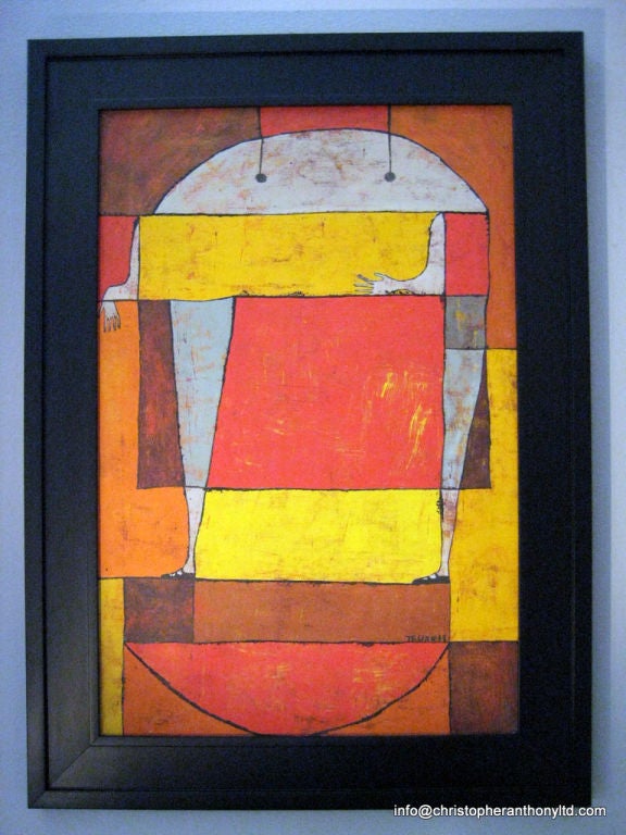 A joyfully colorful circa 1950's oil on canvas painting by American artist Annie Truxell (born 1929).This painting exhibits Klee influences. It is wildly whimsical and has wonderful, deep, layered, rich colors.This painting is newly framed in a