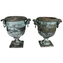 Pair of Monumental Cast Bronze Urns, Beautiful Patina