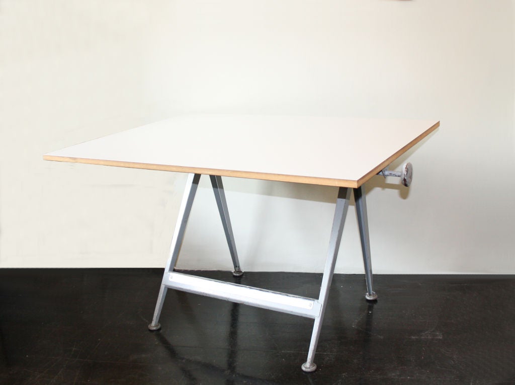 Drawing table from from the architectural department of a Dutch university. Following the school of Jean Prouve in the quest to design beautiful industrial furniture. The top is adjustable in terms of height and angle. We also have the matching