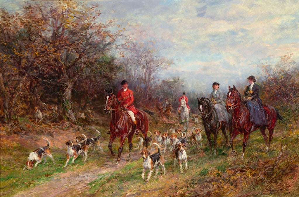 A wonderful fox hunting scene entitled Tally Ho by British artist Heywood Hardy. Hardy is considered one of the greatest animal and sporting artists of the late 19th and early 20th centuries. His sentimentality toward his animal subjects made him