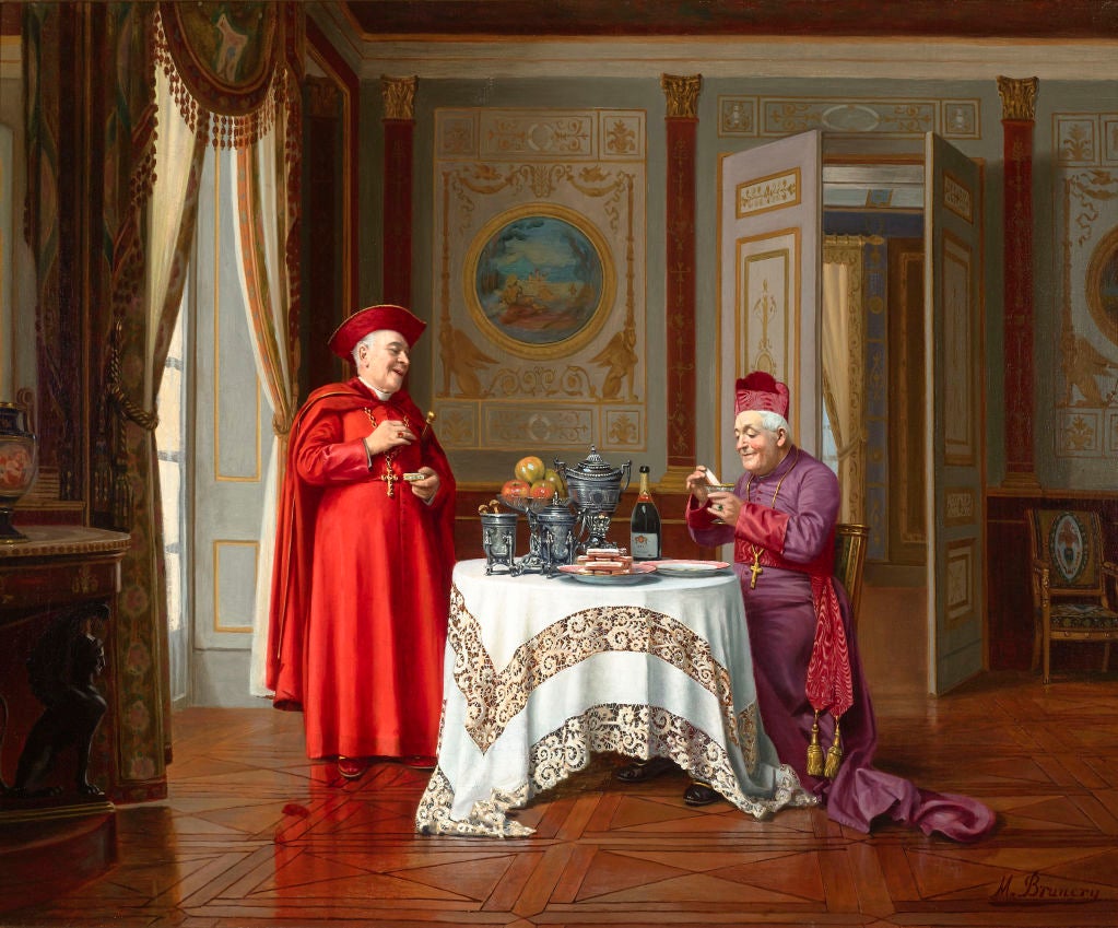 Marcel Brunery<br />
1893-1982 <br />
<br />
A keen eye for detail and a commanding use of color distinguish this beautiful oil on canvas by Marcel Brunery. A Sweet Indulgence depicts two jovial cardinals treat themselves to sweet cakes, tea and