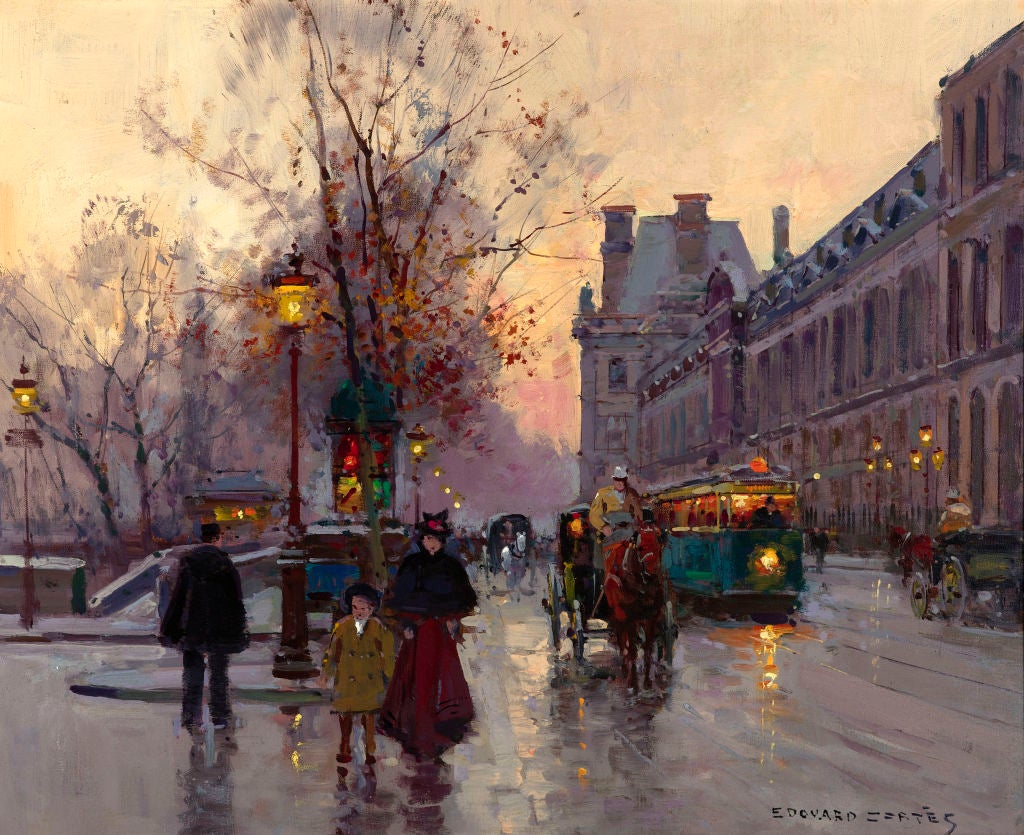 Édouard Léon Cortès <br />
1882-1969<br />
<br />
This brilliantly executed canvas by Édouard Léon Cortès depicts the historic Louvre museum’s main entrance along the right bank of the Seine. Pedestrians are dressed warmly on a crisp and overcast