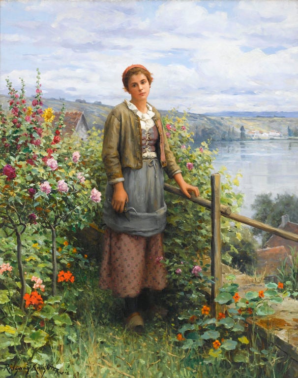In Her Garden <br />
<br />
Signed “Ridgway Knight Paris” (lower left)<br />
<br />
Canvas: 31 1/2” high x 25” wide<br />
Frame: 42” high x 35 3/4” wide<br />
<br />
American painter Daniel Ridgway Knight captures a peasant woman in a