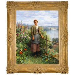 Antique "In Her Garden" Painting by Daniel Ridgway Knight