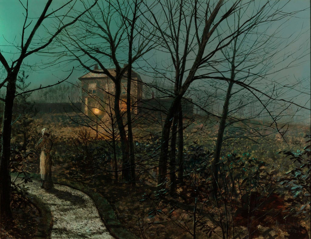A Woman On a Path by a Cottage<br />
<br />
Signed “Atkinson Grimshaw 1882” (lower right) and inscribed on reverse<br />
Panel: 13 5/8” high x 17 5/8” wide<br />
Frame: 21 3/4