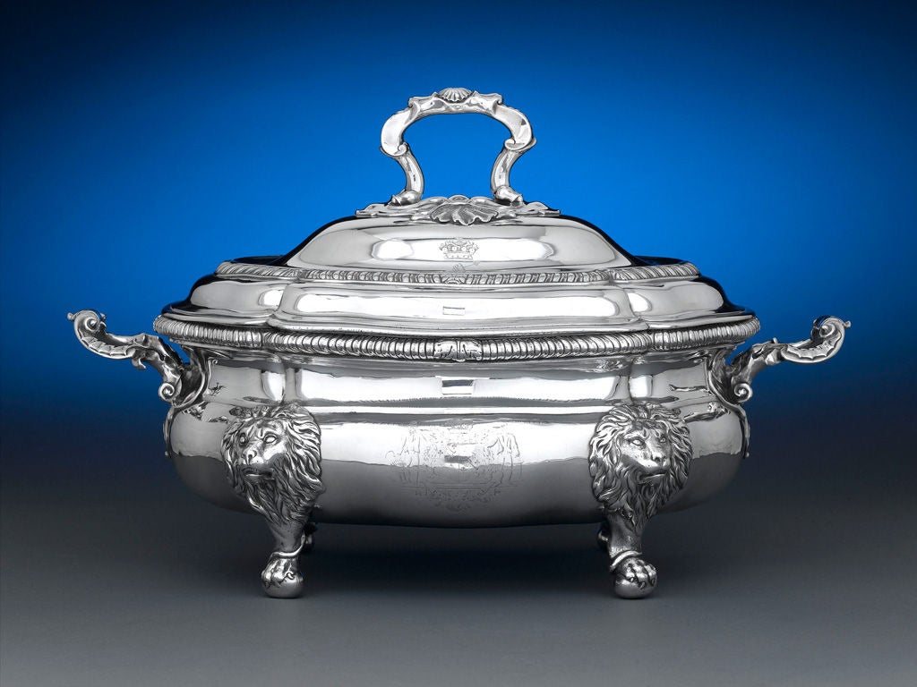 An exceptional soup tureen by Paul de Lamerie, considered one of the greatest silversmiths in history. Bearing the arms of Thomas Atherton Powys, 3rd Baron Lilford, this tureen displays the graceful and lavish Rococo detailing which de Lamerie made