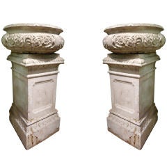 Vintage Pair Of English Blonde Terra-cotta Garden Urns On Plinths - Signed