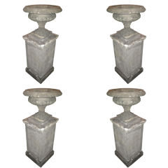 Matching Set Of 4 English Sandstone Garden Urns On Plinths