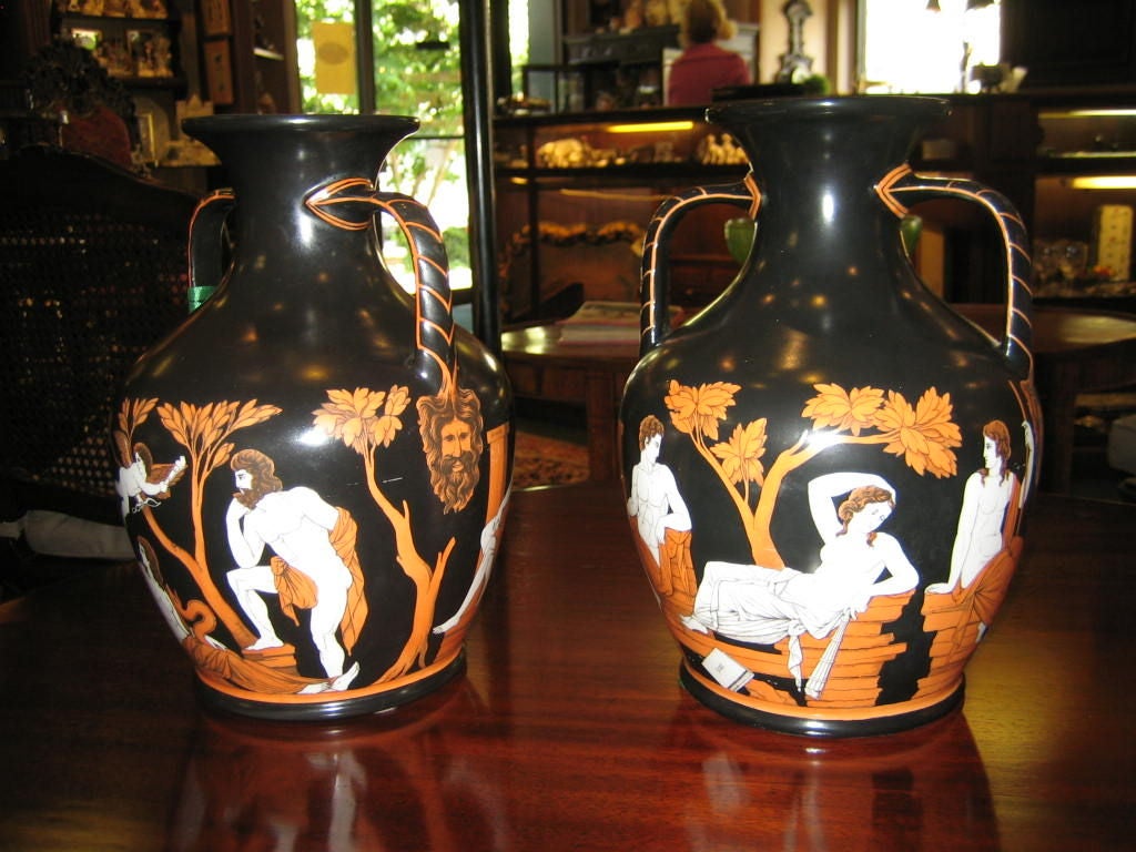 RARE PAIR OF ENGLISH TWO HANDLED PORTLAND VASES BY SAMUEL ALCOCK IN THE NEO CLASSICAL DESIGN - SIGNED ON THE UNDERNEATH , SIGNED BY ARTIST AND NUMBERED. THESE VASES ARE OF MUSEUM QUALITY AND EXTREMELY RARE - THEY ARE ALSO DECORATED BEAUTIFULLY ON