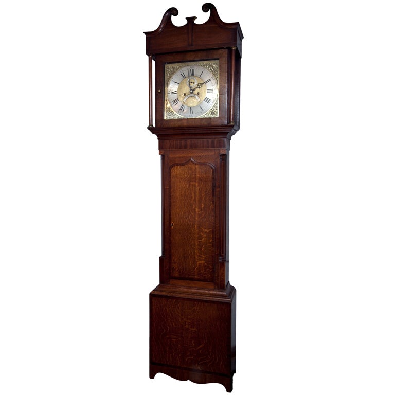 Oak Tall Case Clock with Brass and Nickel Dial For Sale
