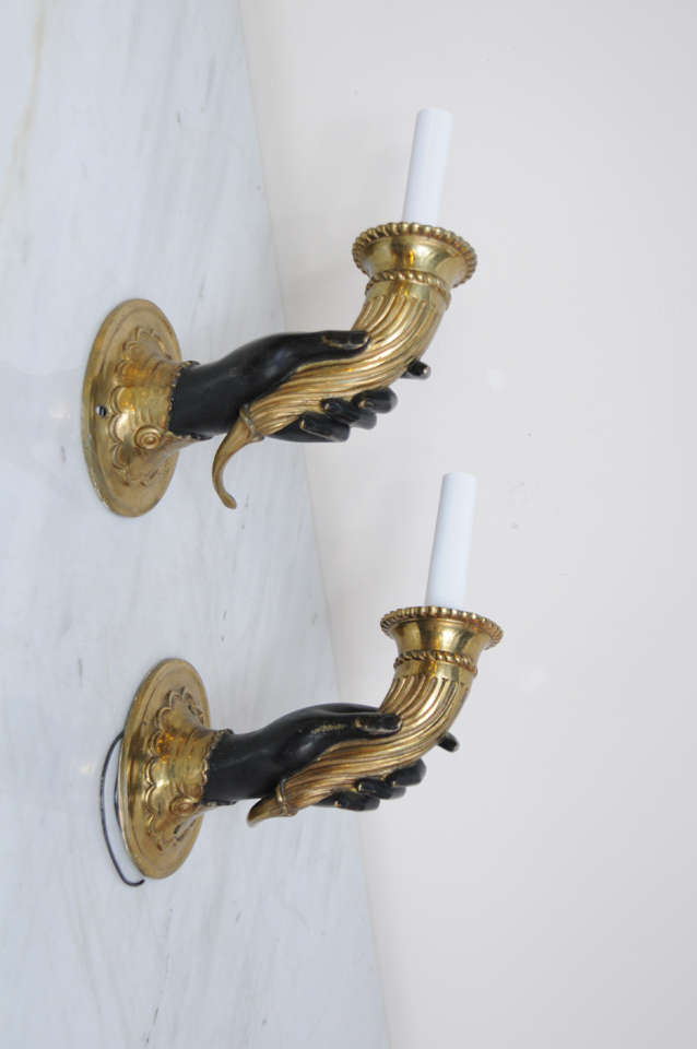 Pair Dore Bronze 19th Century Blackamore Hands Light Sconces
