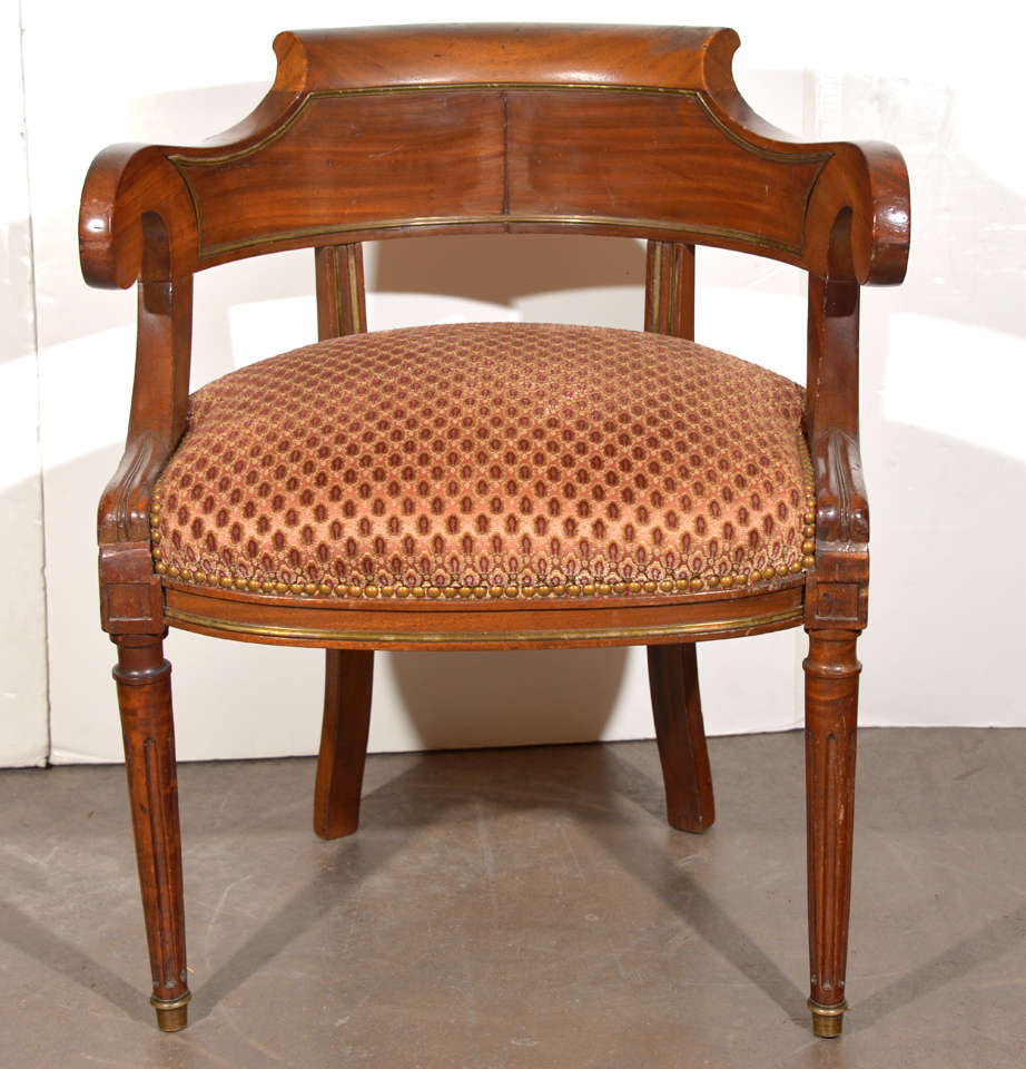French Bronze Trimmed Library Chair,
Barrel Back, Scrolling Arms Over Upholstered Seat, Supported on Turned and Fluted Legs, nail head trim, new upholstery
c.1900