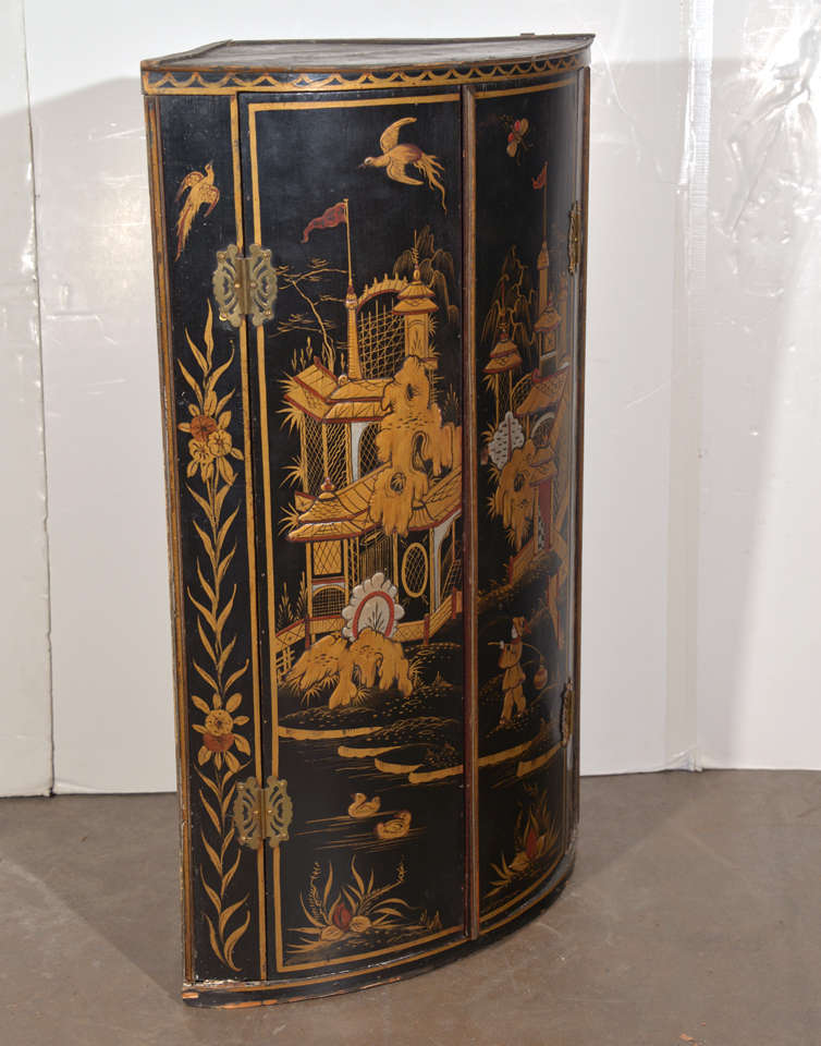 Georgian Style Black Lacquered Bow-front Corner Cabinet