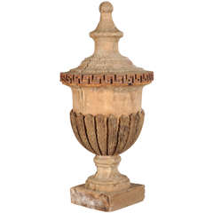 Large 18c. Carved Urn with Iron Greek Key
