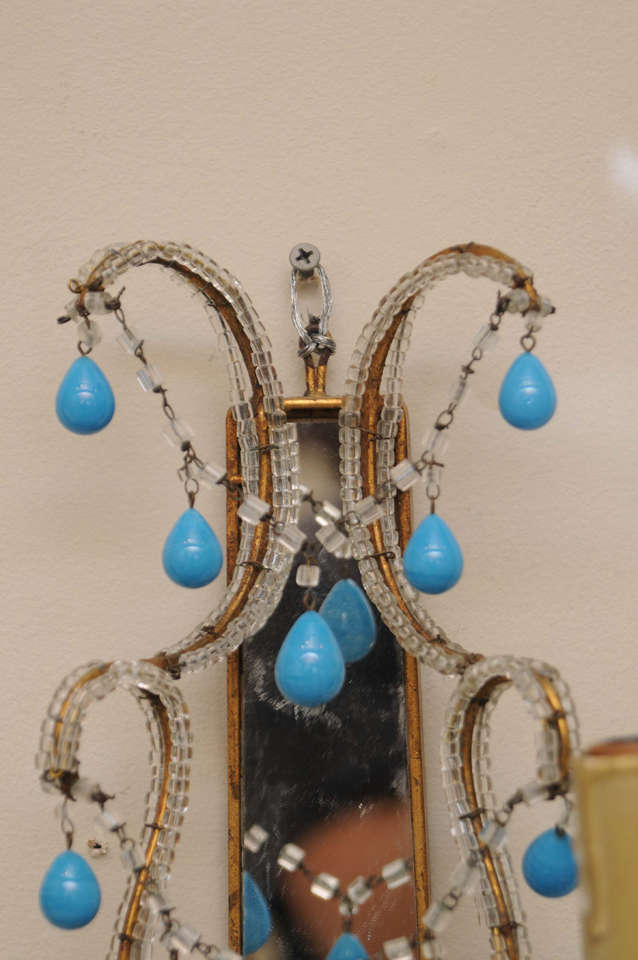 Pair of Italian Beaded Sconces with Turquoise Glass Drops In Excellent Condition In West Palm Beach, FL