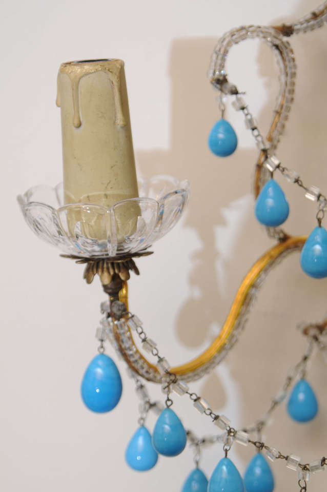 Mid-20th Century Pair of Italian Beaded Sconces with Turquoise Glass Drops