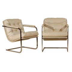 Vintage Pair of Milo Baughman Style Vertical Flat Bar Lounge Chairs