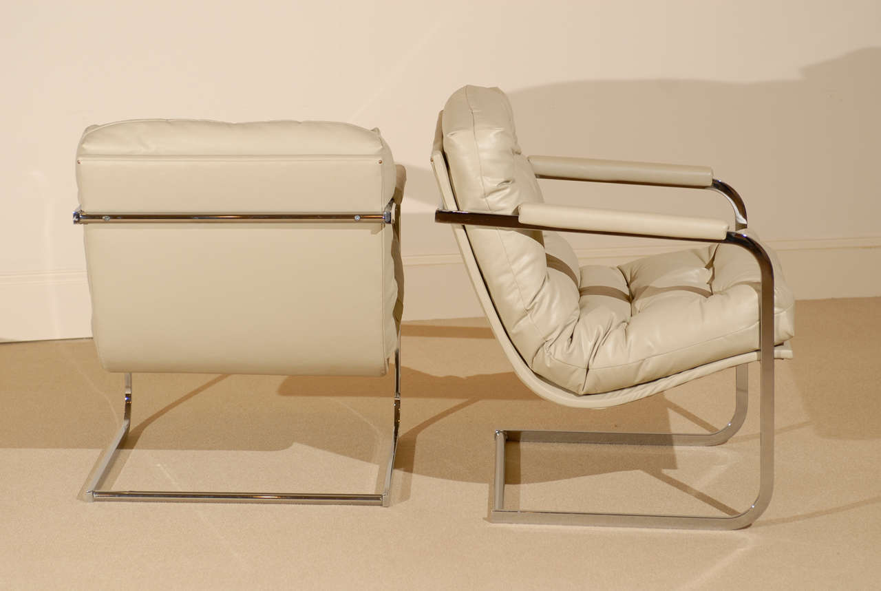 Pair of Milo Baughman Style Vertical Flat Bar Lounge Chairs For Sale at