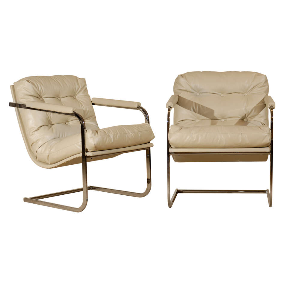 Pair of Milo Baughman Style Vertical Flat Bar Lounge Chairs For Sale at
