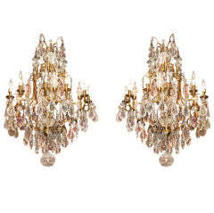 Pair of Antique French Bronze and Crystal Chandeliers