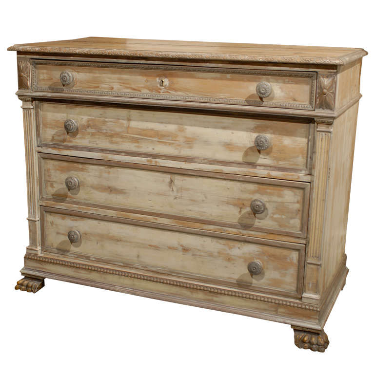 Italian 1820s Patinated Four-Drawer Chest with Classical Details and Claw Feet