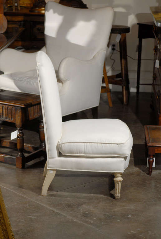Upholstery 20th Century French Upholstered Slipper Chair with Painted Legs and Cushion