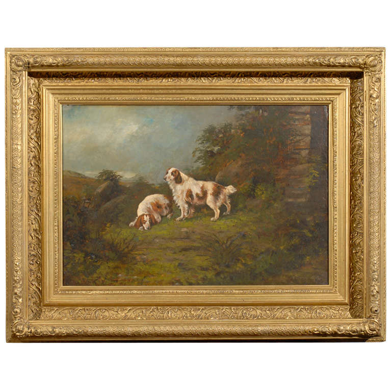 1890s Oil Painting of Sporting Dogs in Landscape by Scottish Artist Peter Graham