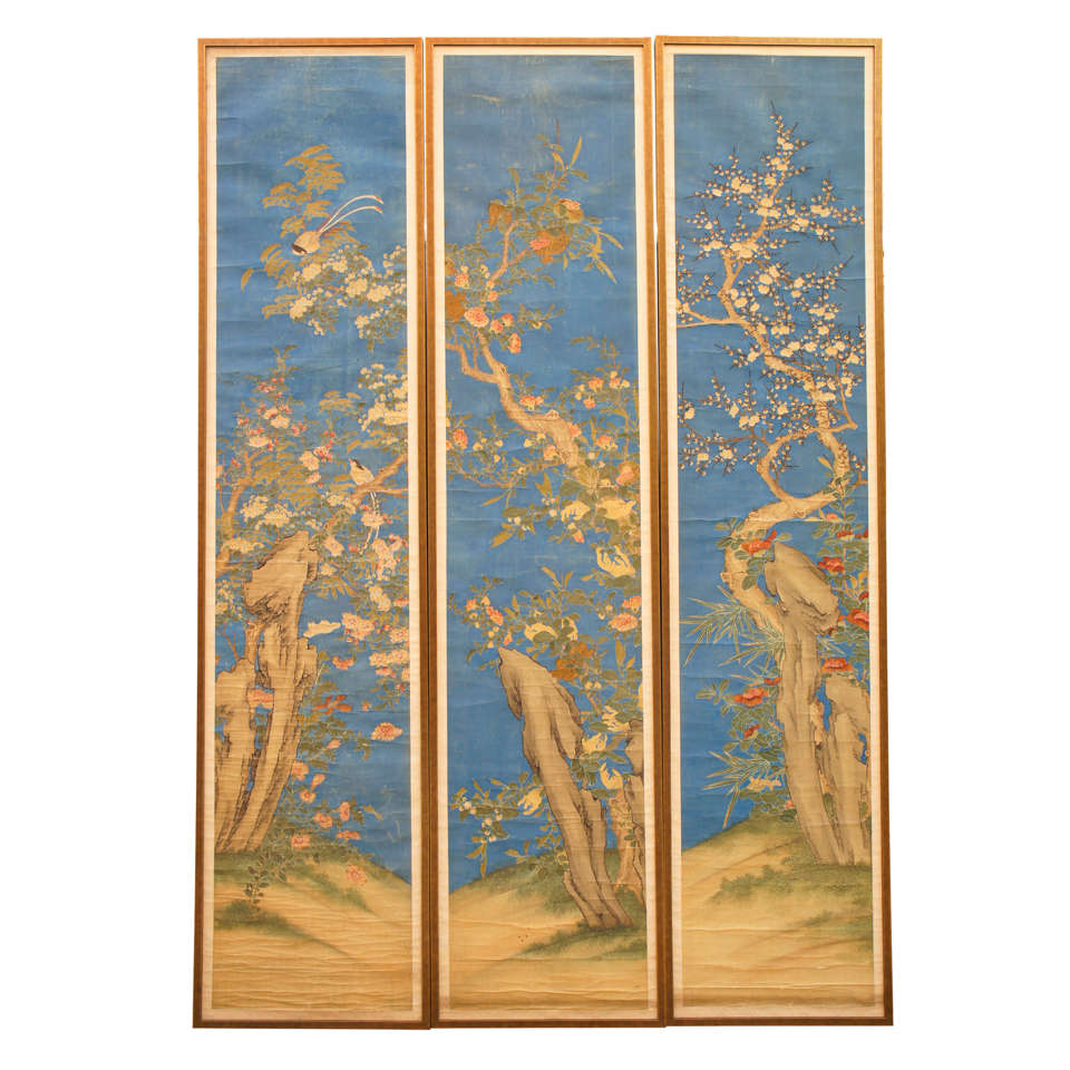 A Very Fine Set of Three Chinese Painted Silk Panels