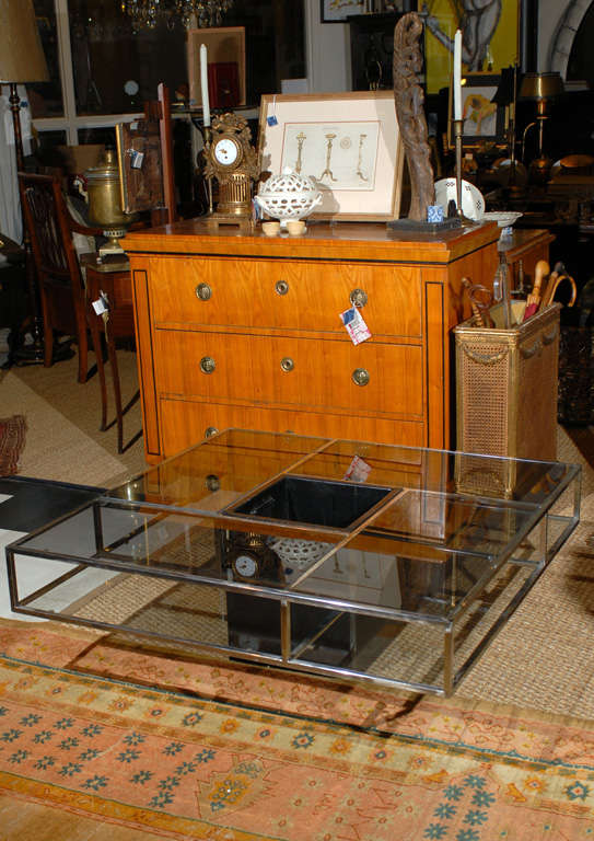 Italian Smoked Glass/Chrome Cocktail Table with Planter/Dry Bar