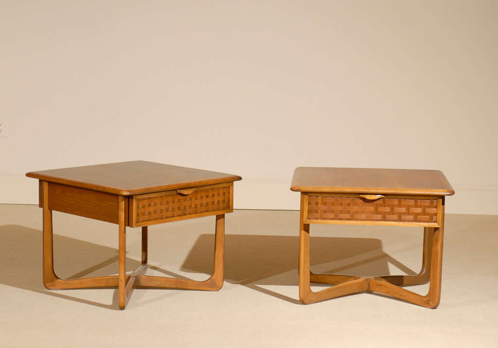 Pair of Warren Church for Lane Walnut Basket Weave End Tables at 1stDibs