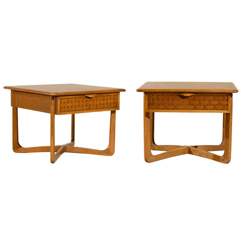 Pair of Warren Church for Lane Walnut Basket Weave End Tables at 1stDibs