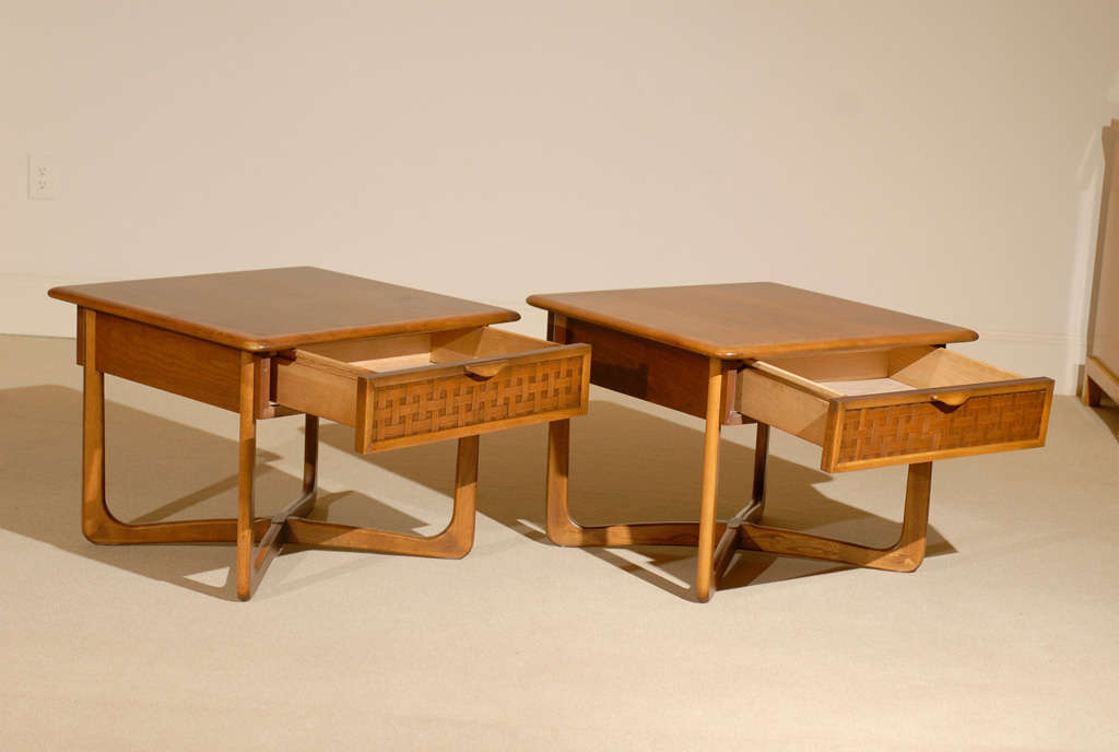 Pair of Warren Church for Lane Walnut Basket Weave End Tables at 1stDibs