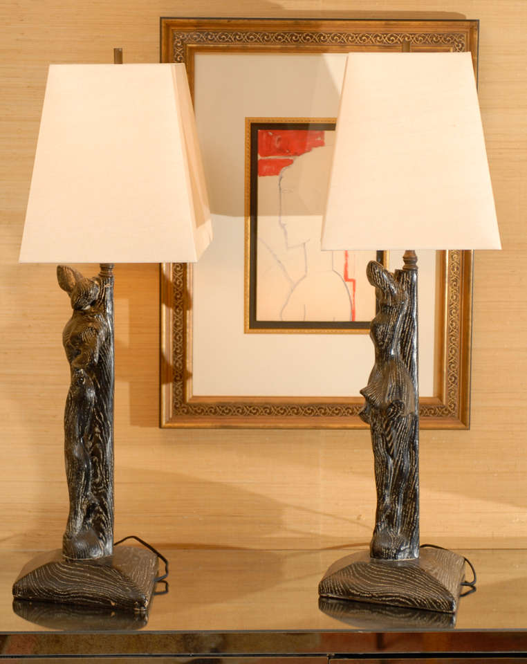 An absolutely stunning pair of vintage lamps. A male dancer with his female partner. Ceramic figures finished to portray the look of cerused oak. Beautiful detail and craftsmanship. Exquisite jewelry! The pieces are stamped 