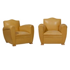 Handsome Art Deco Club Chairs in Yellow Ochre Leather