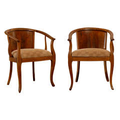 Beautiful Pair of Art Deco Burl Walnut Barrel Back Armchairs 6