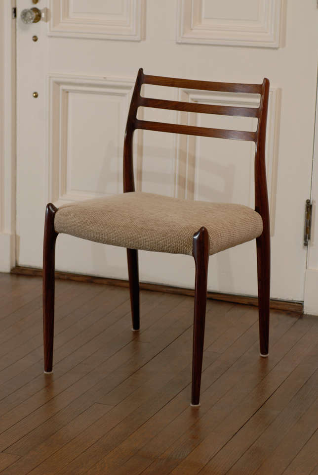 Great set of four (4)  rosewood chairs by Niels Moller, model 78. Excellent Restored Condition. Price noted is for the set of four (4).