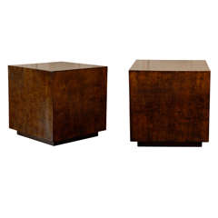 Unusual Pair of Milo Baughman Burl Walnut Cube Tables or Night Stands