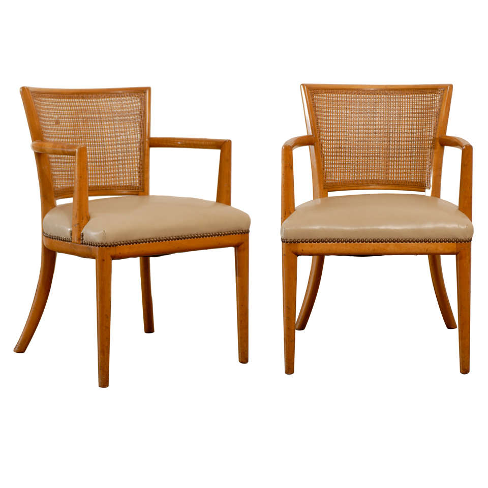 Rare Pair of James Mont Style Bent Beech and Cane Arm Chairs For Sale