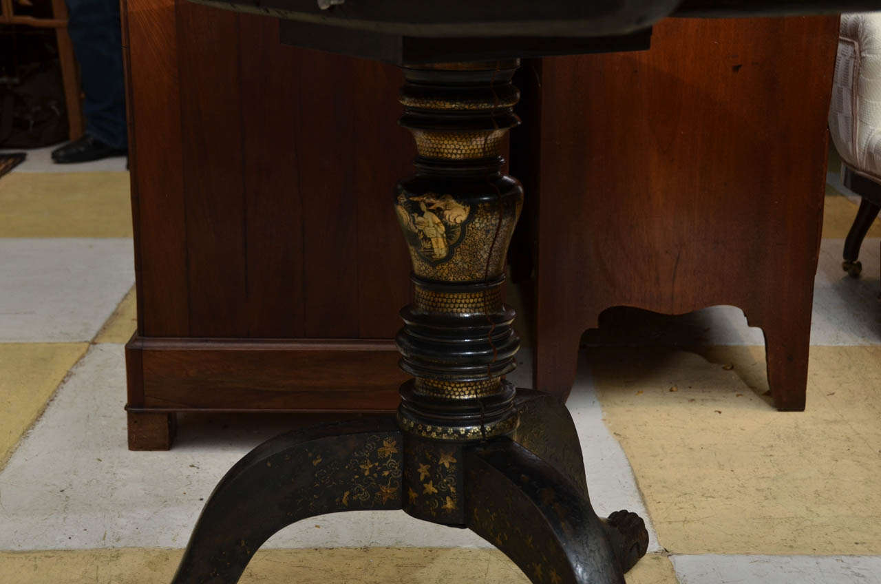 Black Lacquer Tilt Top China Trade Center Table In Distressed Condition In Southampton, NY