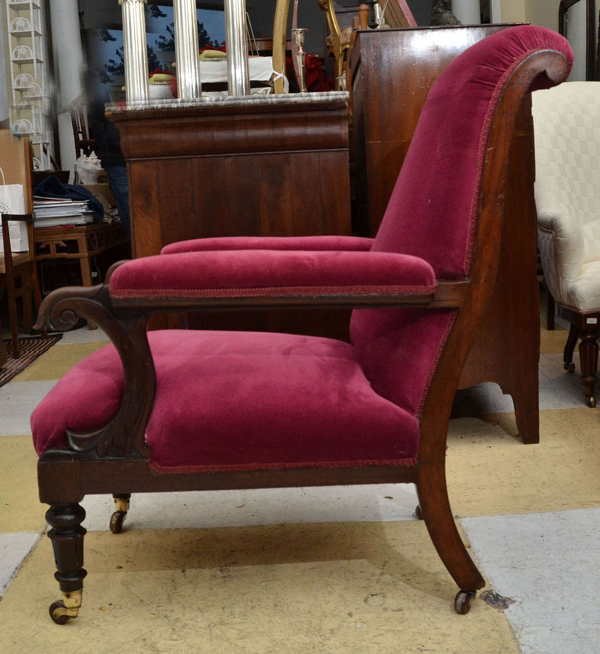 Upholstery English Mahogany Framed Open Arm Chair Cr. 1830-40 For Sale