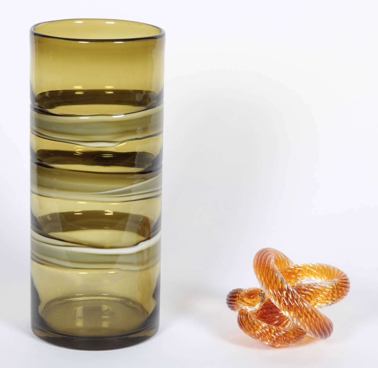Italian Olive Glass Cylindrical Vase & Murano Crystal Coil Sculpture