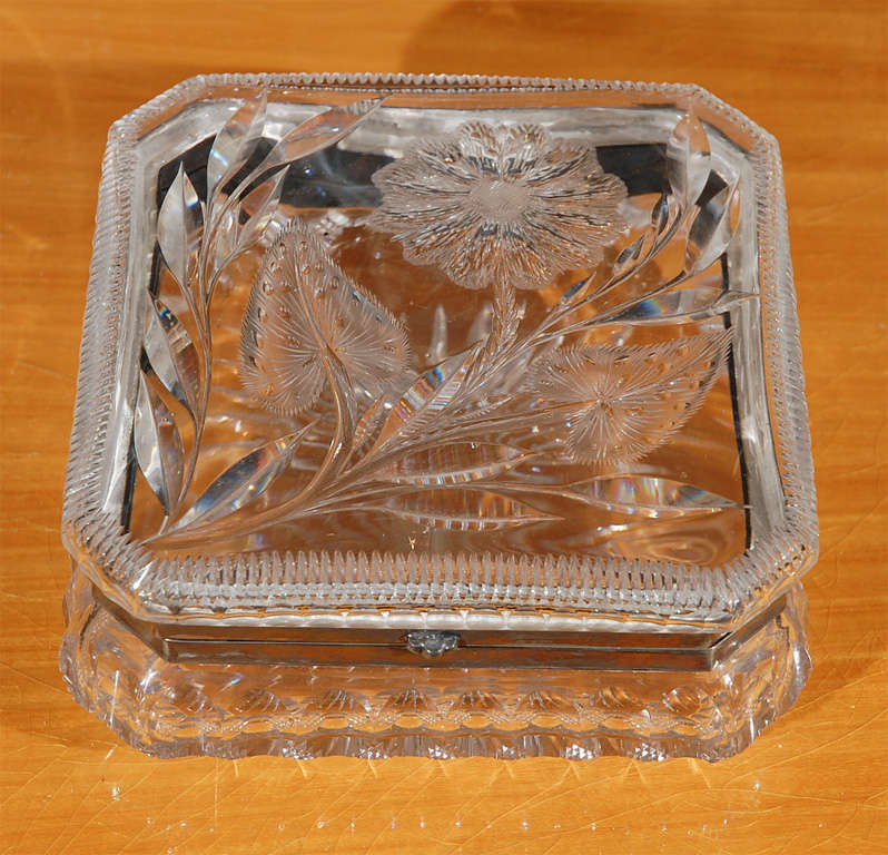 C. 1900 heavy cut glass American made glove box. Classic handsome piece in great condition--cut glass with silver fittings. This box has many uses since we don't use glove boxes anymore--how stunning on a man's desk with cigars or pens. On a woman's