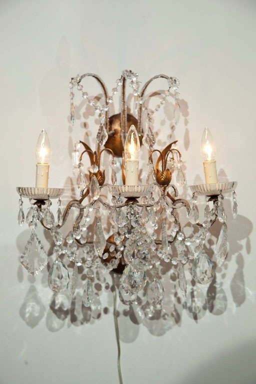 Pair Crystal and Gilt Beaded Sconces; three light