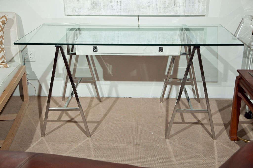 Gorgeous Mid Century Chrome Trestle Desk with drawer and substantial glass top.