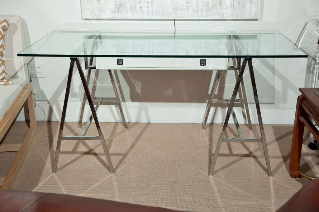 Mid Century Chrome Trestle Desk at 1stDibs glass trestle