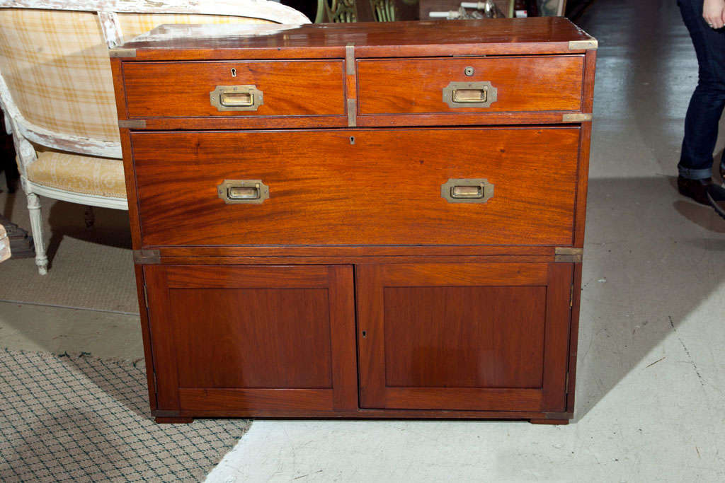 Antique Campaign Chest Three Drawers Double Doors