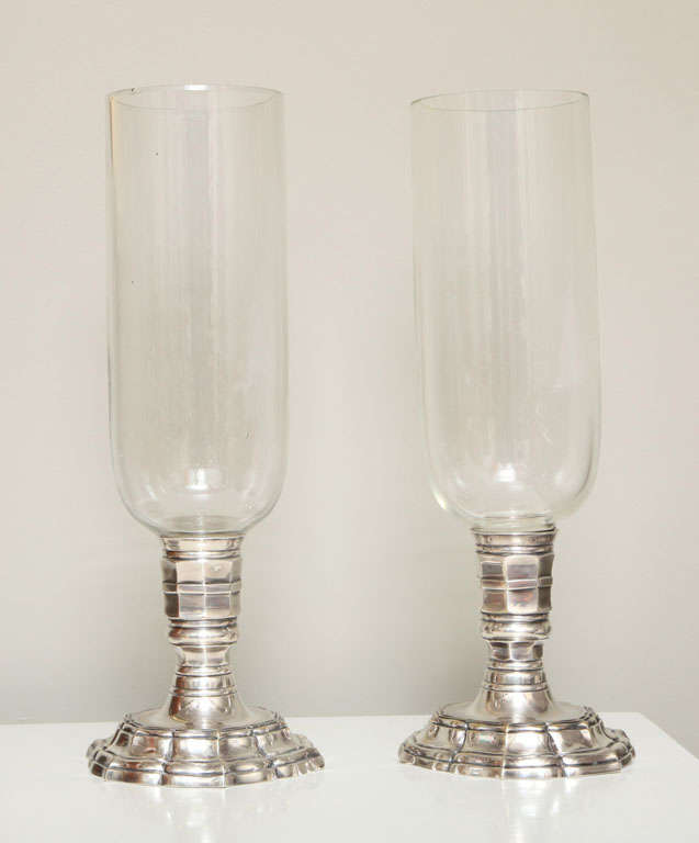 Pair French Silvered Bronze Hurricane Lamps