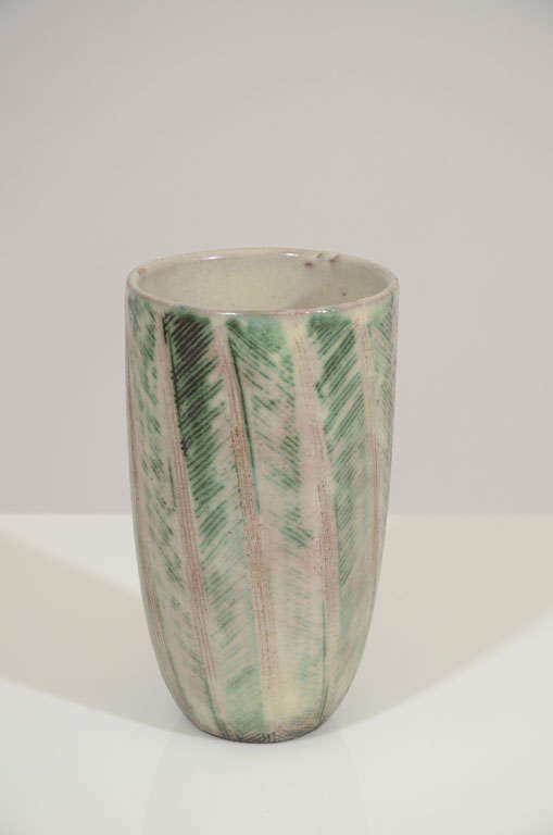 Lovely incised leaf patterned vase signed by renowned artist Nancy Wickham. Please contact for location. 