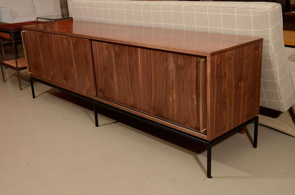 Walnut Sliding Door Credenza with Solid Brass Handles In New Condition In New York, NY